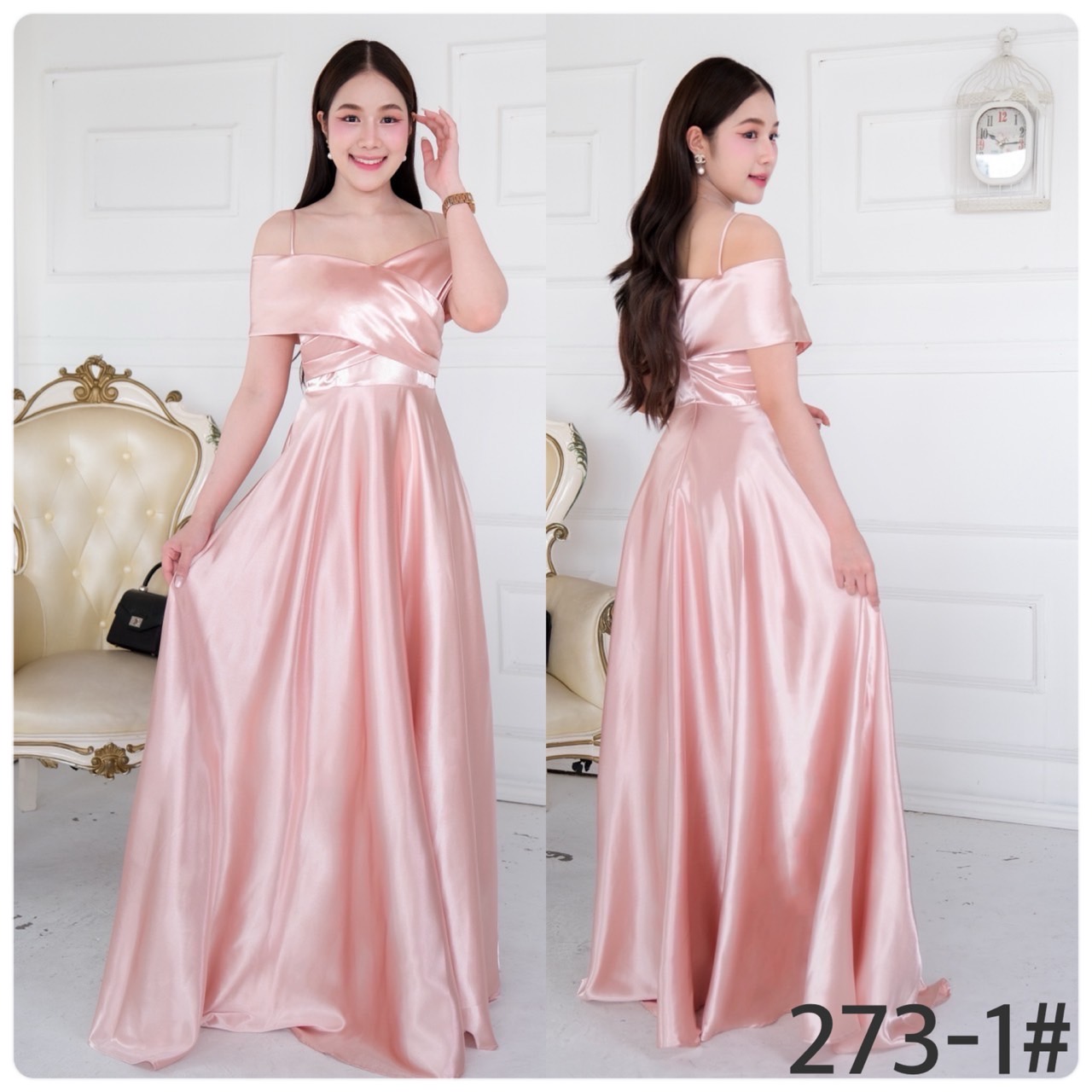 kudapy เดรสยาว เปิดบ่า สายเดี่ยวอกไขว้ กระโปรงบานเจ้าหญิง ผ้าซาติน ใส่ออกงานสวยดูดี