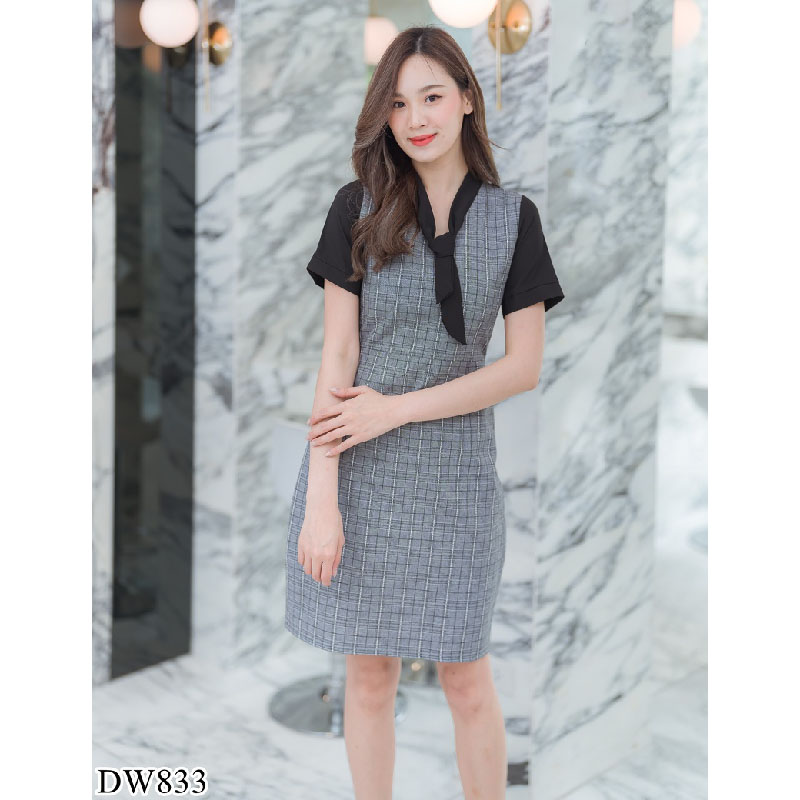 kudapy เดรสสั้นสีดำ/สีน้ำตาล/สีกรม ลายสก๊อตแขนตุ๊กตา