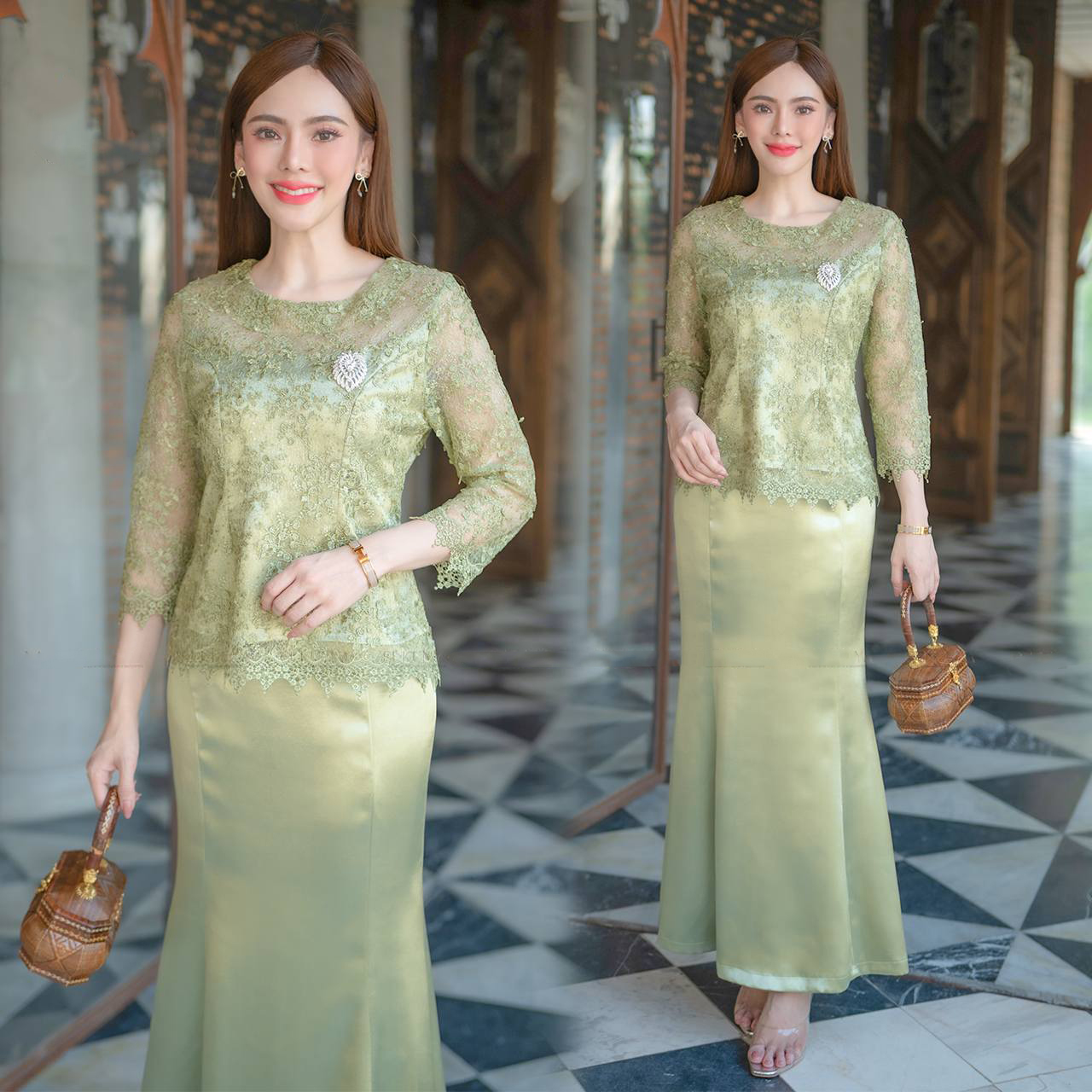 kudapy ชุดเซ็ทงาน 2ชิ้น ชุดผ้าเครปซาติน เนื้อผ้าทิ้งตัวสวยงาม เสื้อตกแต่งด้วยผ้าลูกไม้ใยบวบลายกุหลาบ 3มิติ