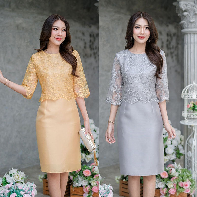 kudapy เดรสสั้นสีเหลืองทอง/สีเทา ผ้าไหมลูกไม้ปัก งานดีไซน์เย็บคลุมด้วยเสื้อลูกไม้แขนศอกด้านบน