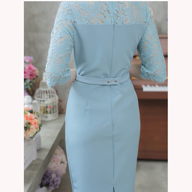 kudapy เดรสสั้นผ้าลูกไม้สีฟ้าอมเทา/ชมพูกะปิ/น้ำเงินเข้ม แขนสามส่วน ไหล่และแขนเย็บแต่งลูกไม้