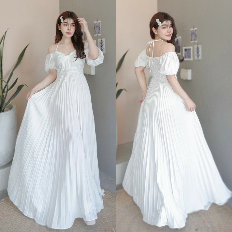 kudapy เดรสยาวแขนพอง สายผูกคอ กระโปรงอัดพลีท เดรสไปทะเลพริ้วๆ