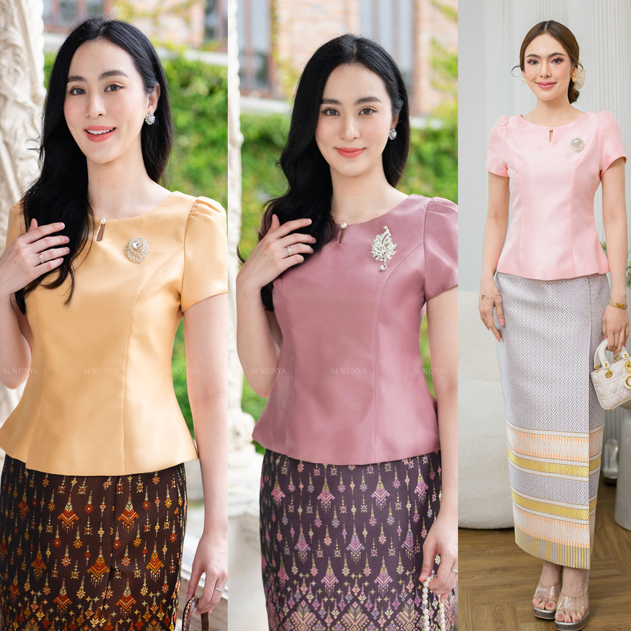 kudapy งานเสื้อผ้าไหมญี่ปุ่นสีกะปิ // ทอง // โอรส คอกลมแหวกหน้า แต่งกระดุมมุก แขนสั้นจับจีบ เอวดีด อัดกาวบุซับในอย่างดี (เฉพาะเสื้อ)