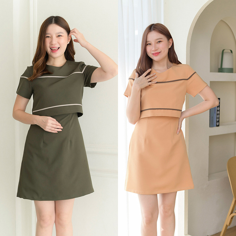kudapy เดรสสั้นสีเขียวทหาร/สีครีมเข้ม ทรงเอ ดีไซน์น่ารัก ตัดต่อเหมือนใส่แยกชิ้น จริงๆเป็นเดรสชิ้นเดียว ตัวเสื้อเพิ่มกิมมิคเส้นกุ๊นตัดต่อไปถึงช่วงแขน
