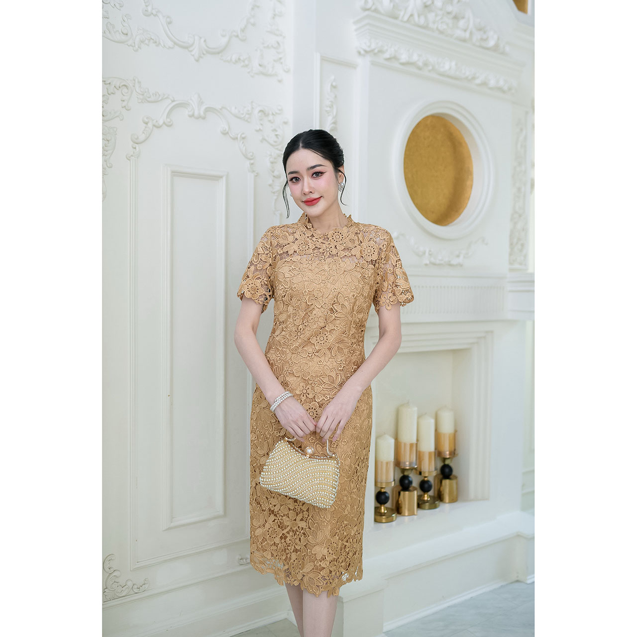 kudapy เดรสลูกไม้เกรดสวยพรีเมี่ยม ลายดอกไม้สวยหวาน ทรงแขนสั้น ตีเกร็ดหน้าหลัง ใส่สวยเรียบหรู เดรสออกงาน