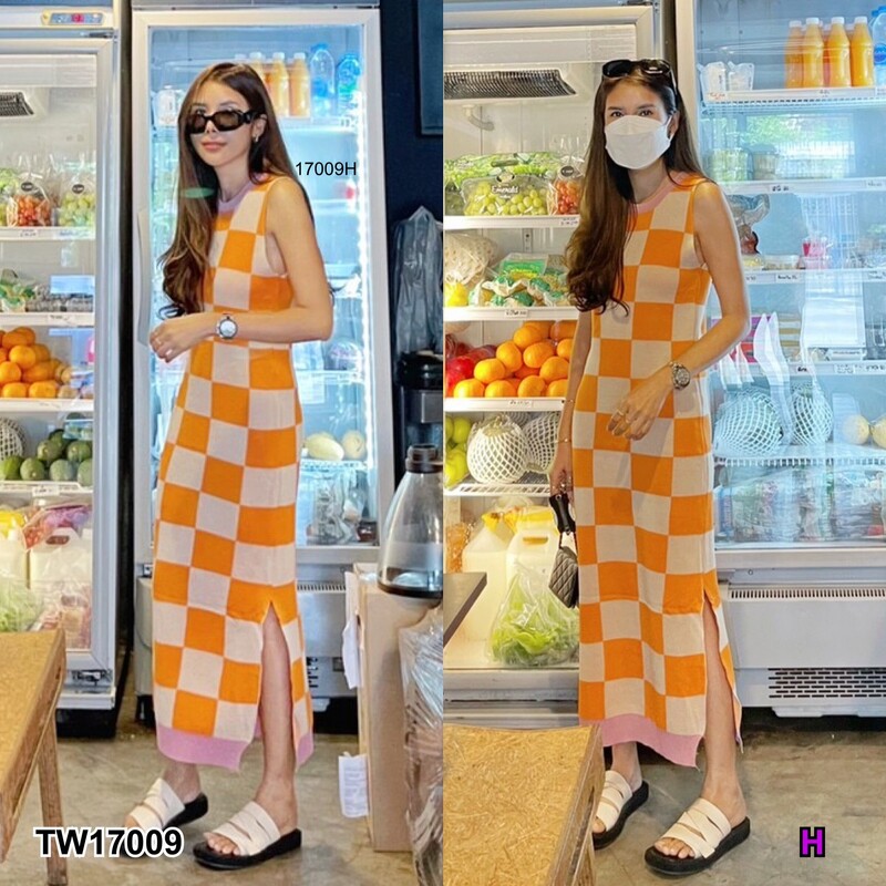 kudapy เดรสยาวสีดำ ส้ม เขียว เหลือง แขนกุดสุดแซ่บ ลายตาราง สีสันสดใส mix&match สีมาได้แบบดีมาก ผ้าไหมพรม