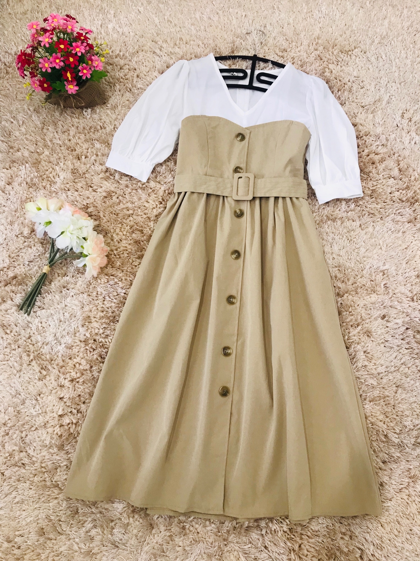 เดรสยาวคลุมเข่าสีครีมผ้าคอตตอนเนื้อดี ดีไซน์ตัดเย็บเหมือนใส่ 2 ชิ้น Xl