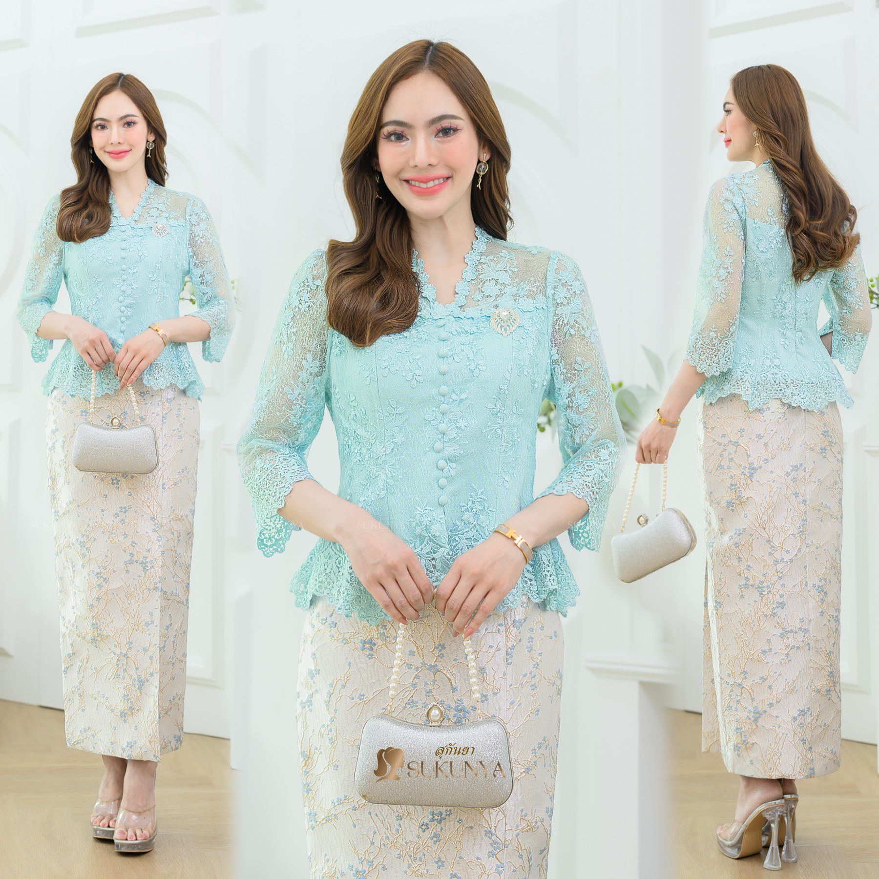 kudapy เสื้อผ้าลูกไม้3มิติ ดอกลอย ทรงคอวีตกแต่งกระดุมหน้า ตัวเสื้อตรงอกมีฟองน้ำในตัวแต่งกลิตเตอร์สวยงาม ช่วงปลายแขนมีแป๊กติดให้ (เฉพาะเสื้อ)