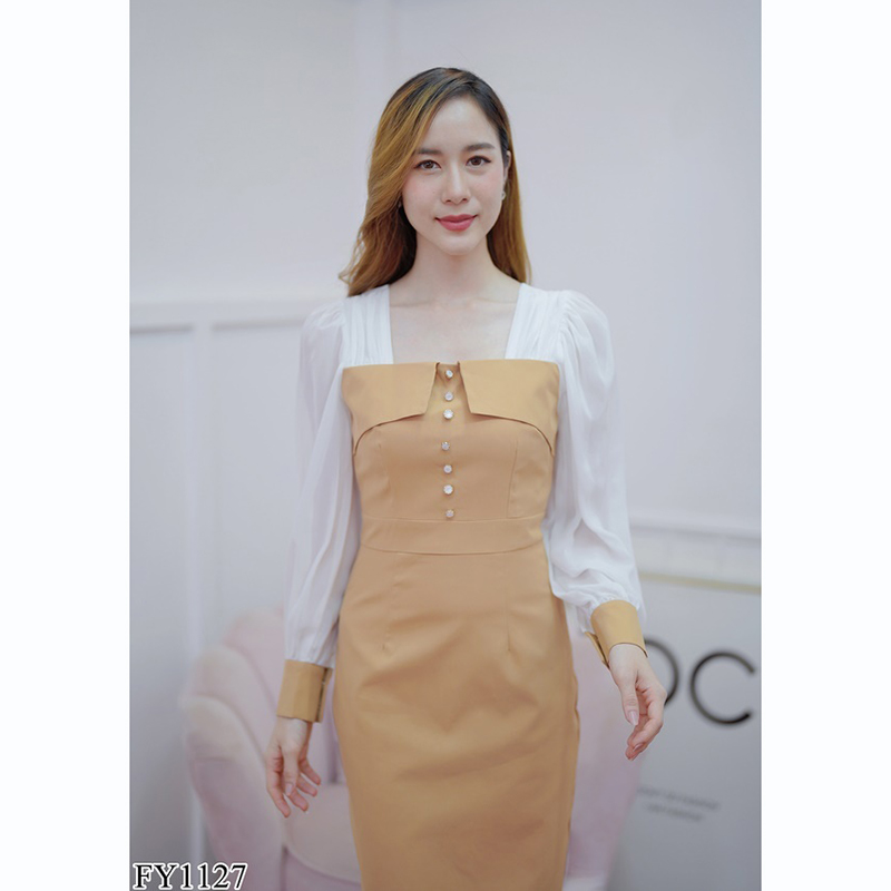 kudapy เดรสสั้นสีชมพู/สีน้ำตาล .แขนยาวแต่งกระดุมมุกสวยดูดี