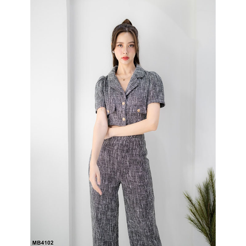 kudapy เซ็ทผ้าทวิตเสื้อปกสูท+กางเกงขายาวสีชมพู/สีดำ