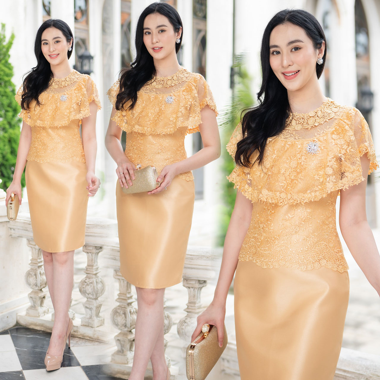 kudapy เดรสผ้าไหมญี่นงานอัดกาวทรงสอบ ตัวเสื้อด้านบนลูกไม้แต่งปัก ระบายช่วงตัวคอปาด