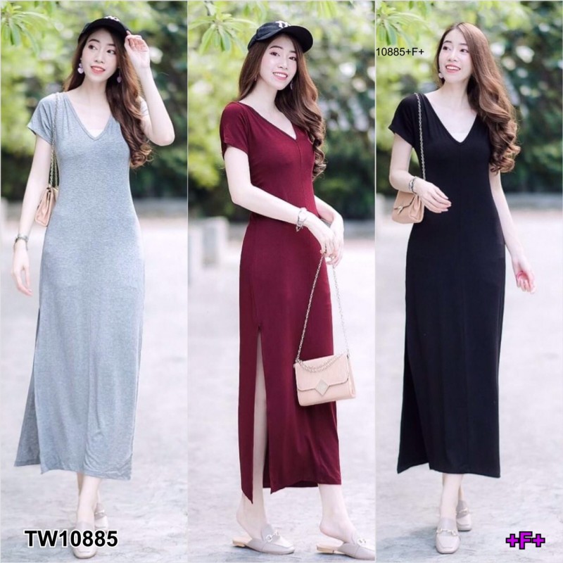 kudapy เดรสยาวสี ดำ เทา แดง คอวีสายไขว้หลัง ชายกระโปรงผ่าข้าง เนื้อผ้าเรยอนผ้ายืด
