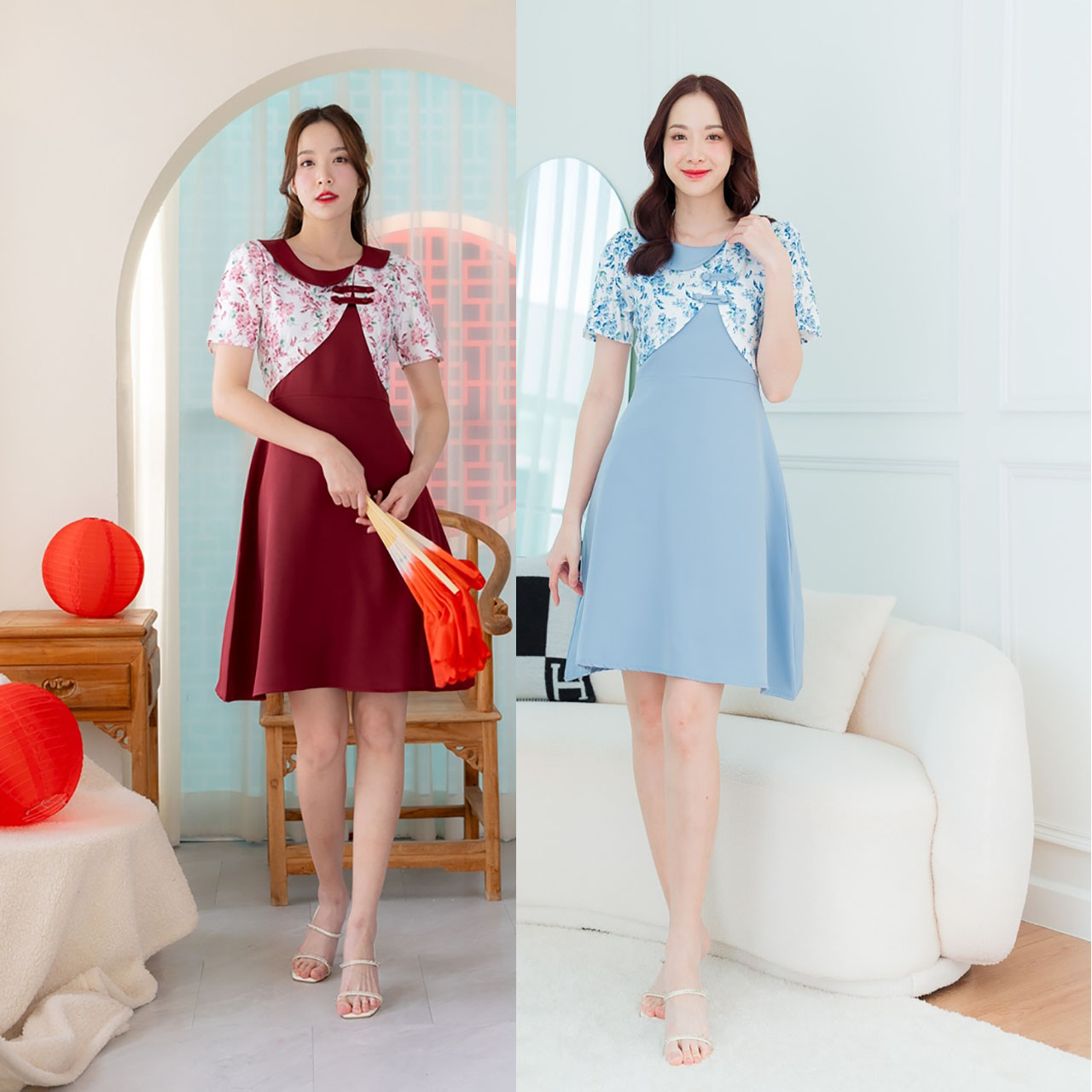 kudapy เดรสสั้นสีแดง/สีฟ้า ผ้าแจ็คการ์ดคอปก ใส่สบายสวยดูดีน่ารัก