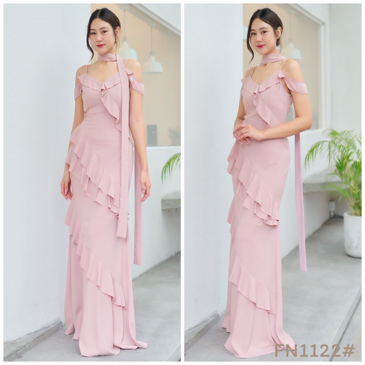 kudapy แม๊กซี่เดรสออกงาน สายเดี่ยวเปิดบ่า ระบายทั้งตัว เนื้อผ้าชีฟองหนา สวยพริ้ว