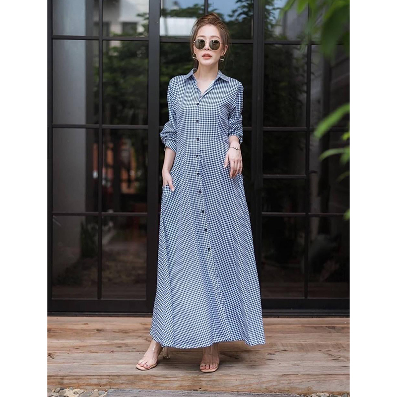 kudapy แม็กซี่เดรสสีฟ้าลายสก้อต เชิ๊ตคอปก แขนยาวกระดุมหน้า มาพร้อมเข็มขัดตามแบบ