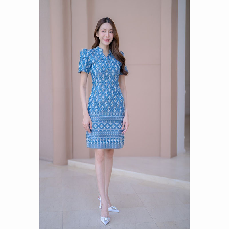 kudapy เดรสสั้นสีเทา/สีกรม/สีชมพู ผ้าไทยคอปีนลายขอ
