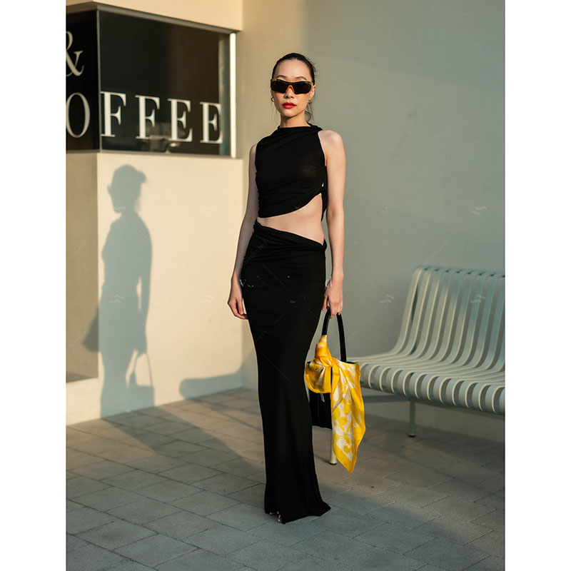 kudapy set สีน้ำตาล/สีดำ แขนกุดมัดข้าง+กระโปรงยาวมัดข้าง