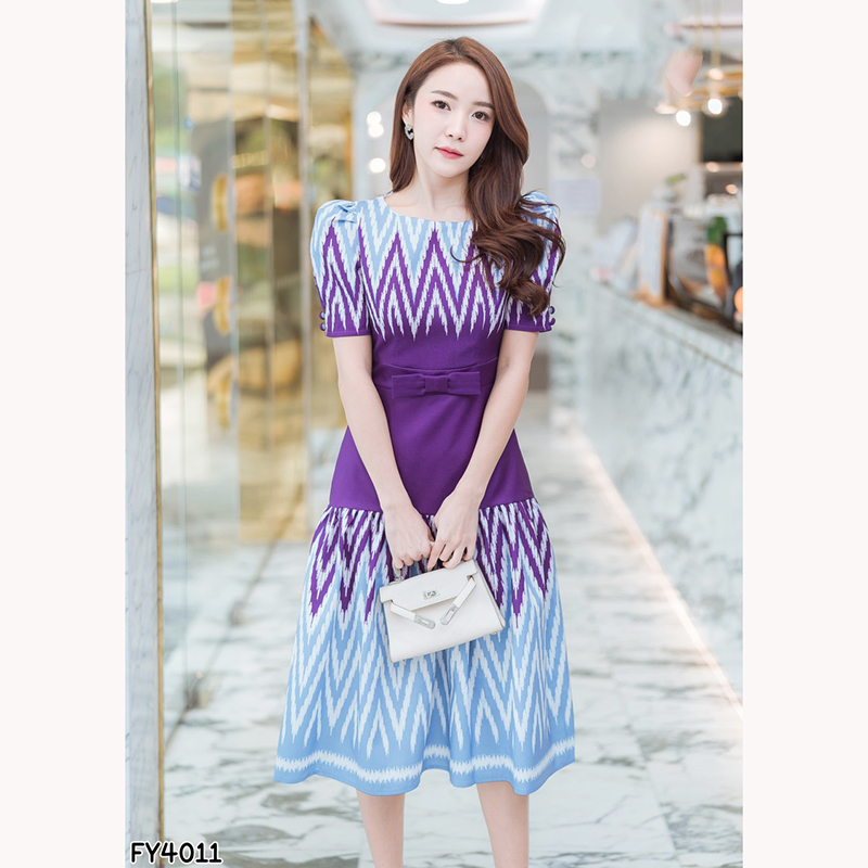 kudapy เดรสสั้นผ้าไทยคอกลมกว้างสีม่วง/สีชมพู สายรัดเอวลายไทยใส่สบายสวยดูดี