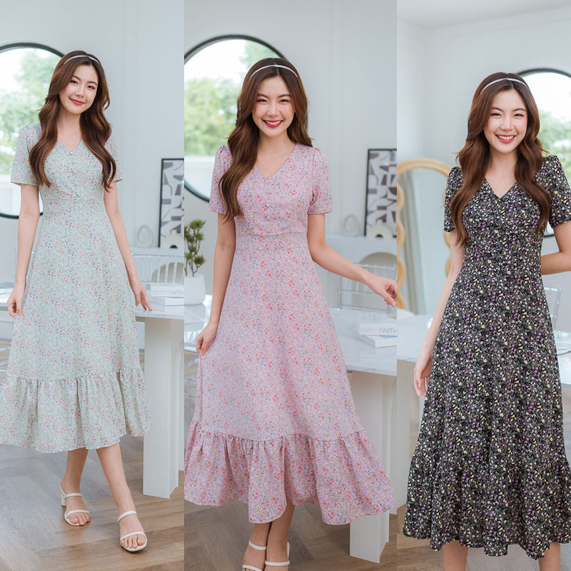 kudapy เดรสยาวสีชมพู/สีดำ/สีเขียว ผ้าลื่นลายดอก ใส่สบายๆ สไตล์สาวเดรสเวิลด์ ปลายระบาย งานน่ารักมาก