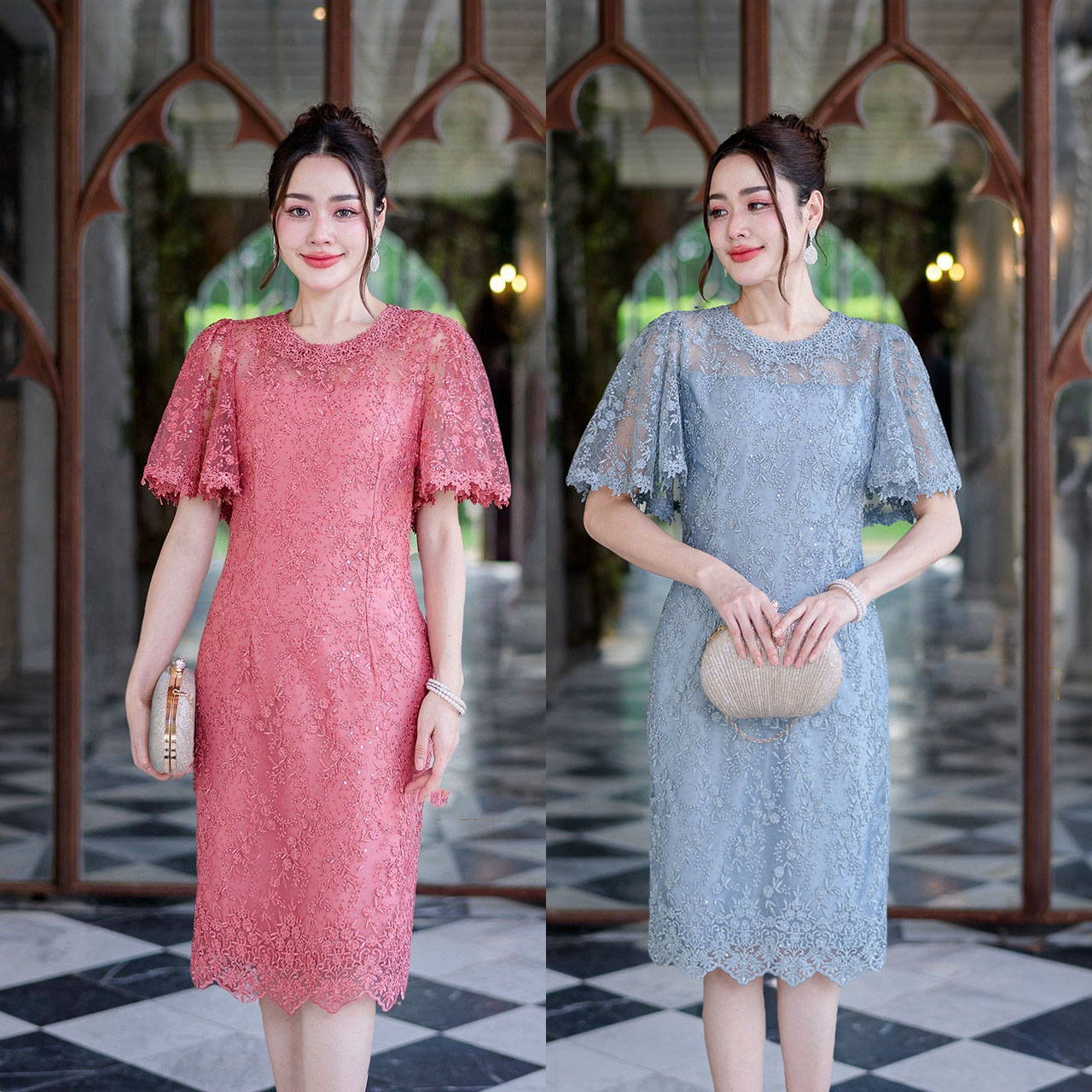 kudapy เดรสสั้นสีฟ้า/สีชมพูปูน เดรสลูกไม้เลื่อม ผ้าลูกไม้ทั้งชุดช่วงแขน มีซับในทั้งชุด งานดีพรีเมี่ยม ออกงานดูหรูหรา