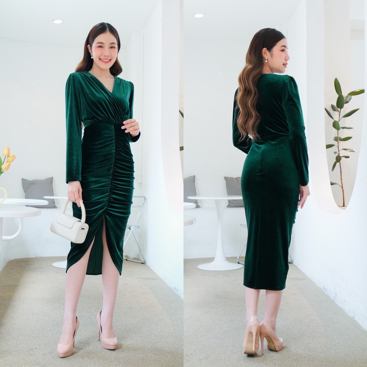 kudapy เดรสสั้นสีน้ำเงิน/สีเขียวมรกต/สีแดง/สีดำ กำมะหยี่ คอวี จับจีบไหล่ตั้ง กระโปรงเอวสูงทรงสอบทิวลิปยาว จับจีบย่นกลาง