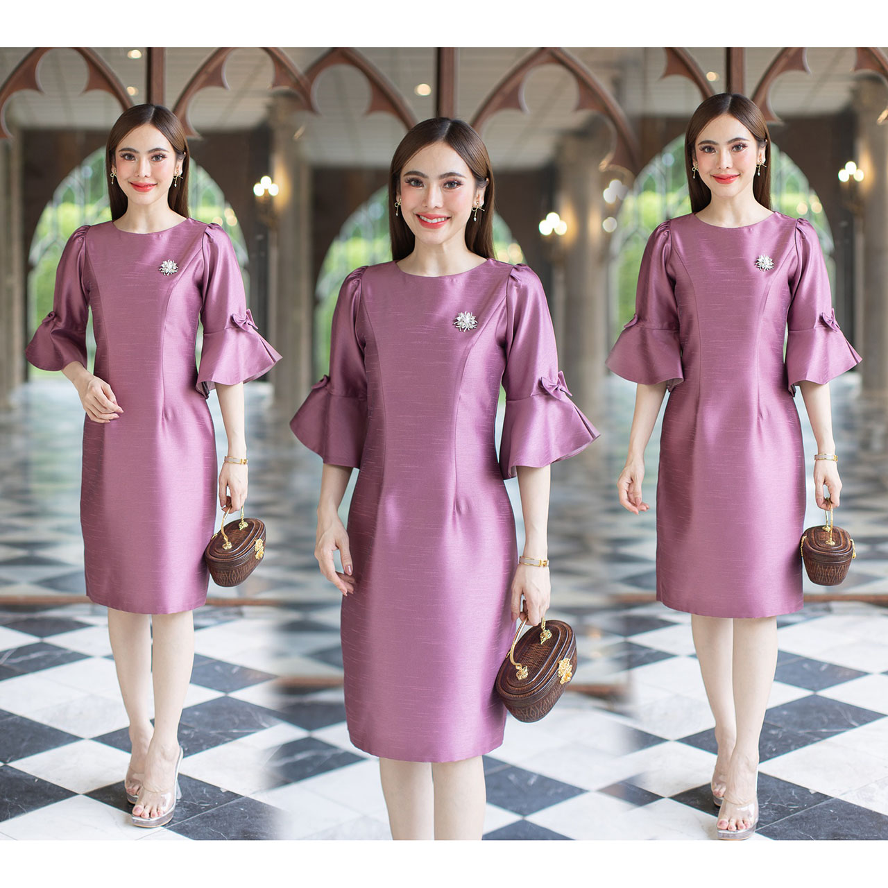 kudapy เดรสสั้นสีน้ำตาล/สีดำ/สีแดง/สีม่วง งานไหม 4 เส้น อัดกาวทั้งตัว ทรงสวยใส่ออกงาน