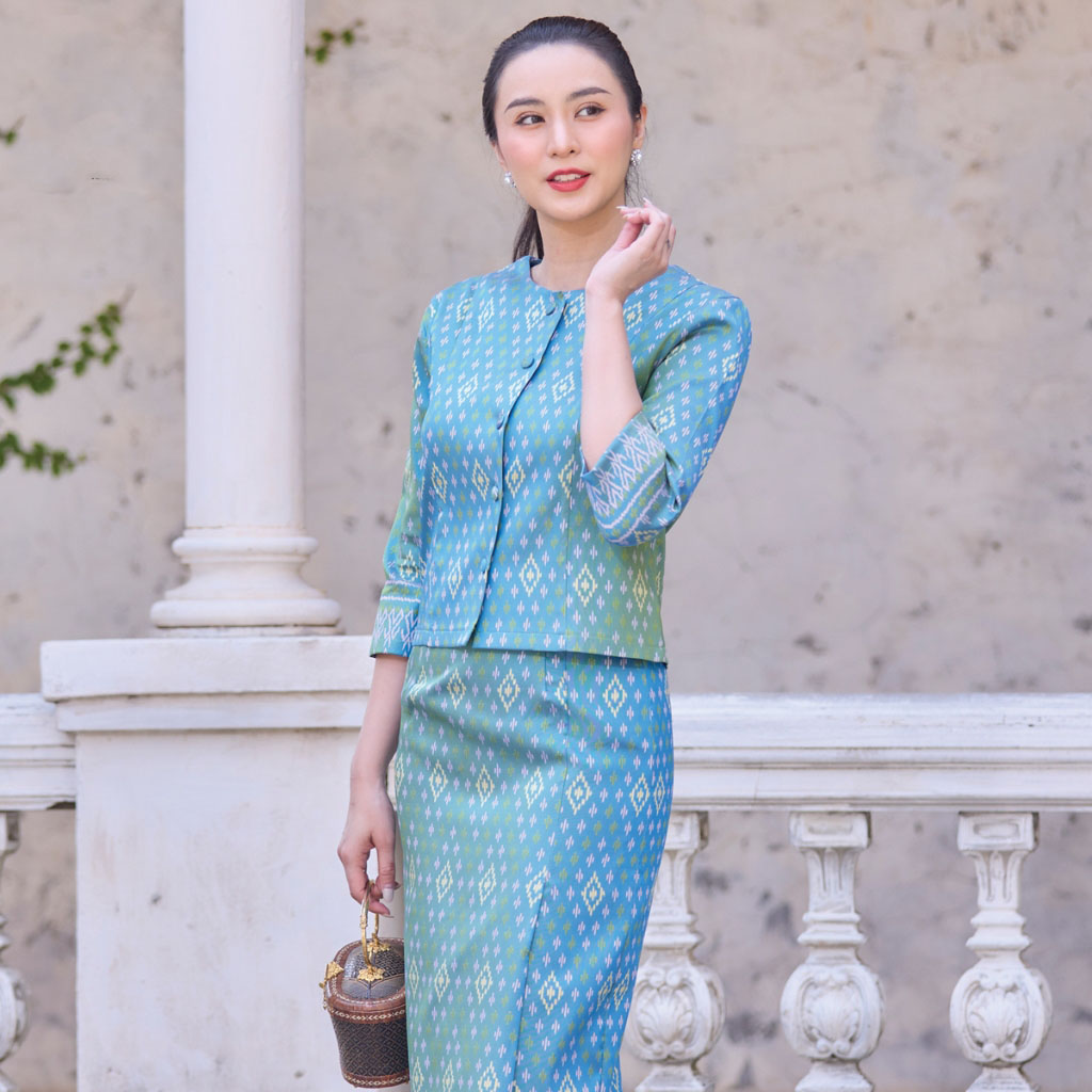 kudapy ชุดผ้าไทย เสื้อผ้าไหม จันทร์วาด ทอลายทรงเรือนต้น - ผ้าถุง ทอลายกวินตรา ชุดออกงาน ไปวัด ทำบุญ