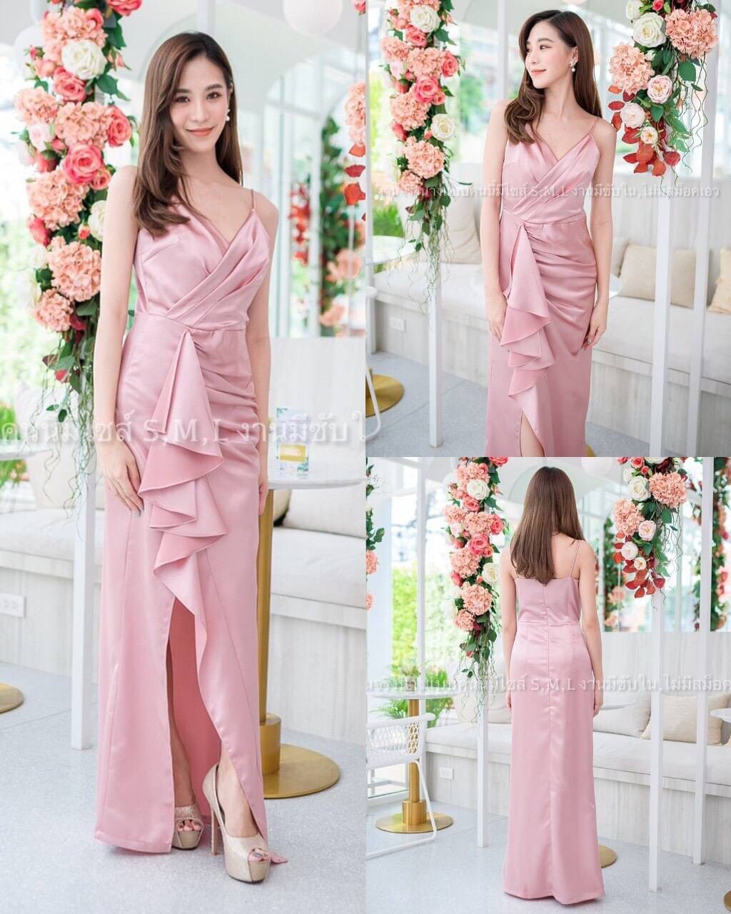 kudapy ชุดราตรียาวสายเดี่ยวจีบเอวระบาย กป.ยาวผ่าหน้า ผ้าเปเป้ไม่ยืด สีกรมท่า ,ฟ้าเทา ,น้ำตาลอิฐ,ชมพูพิ้งโกลด์,แชมเปญ,ฟ้าเข้ม,น้ำเงินสด