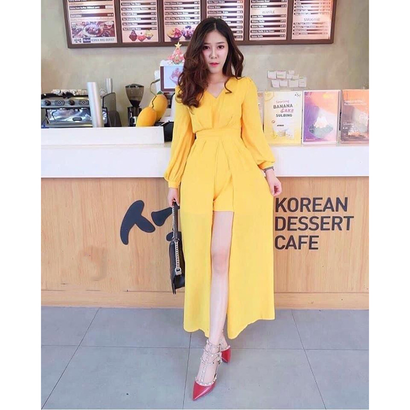 kudapy เดรสจั้ม แขนยาวกระโปรงยาวผ่าหน้า มีกางเกงด้านใน ผ้าพริ้วสวย งานใส่สบาย