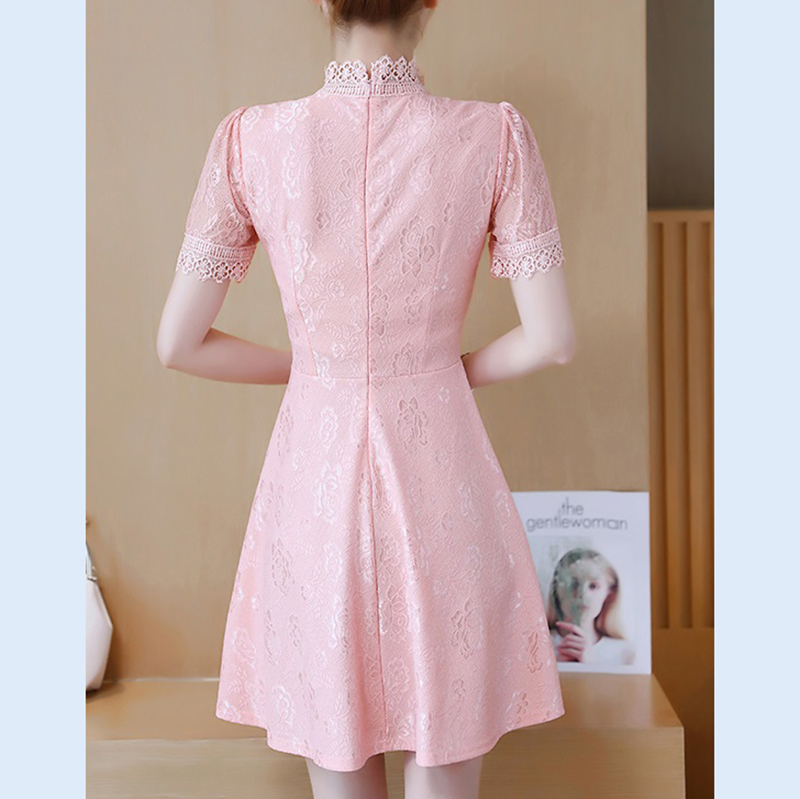 kudapy เดรสสั้นลูกไม้คอปีนสีม่วง/สีส้มโอรส เดรสลูกไม้เนื้อนิ่มใส่สบาย มีซับใน ซิบหลัง แขนสั้น