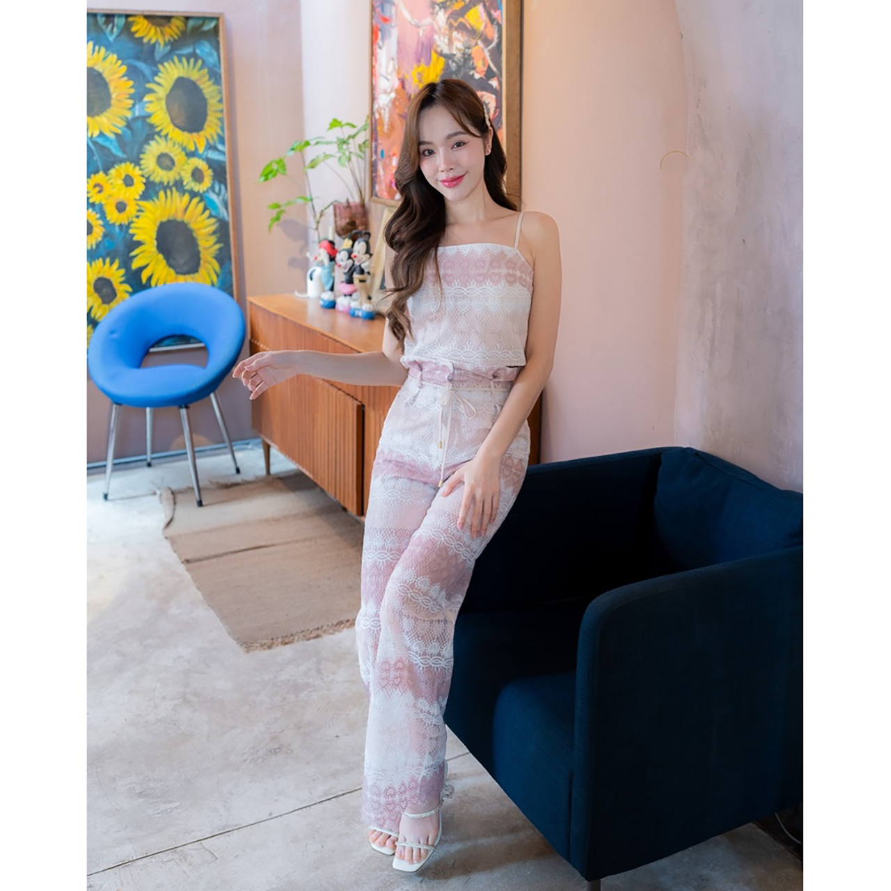 kudapy ชุดเซ็ทสีชมพู/สีฟ้า ผ้าลูกไม้ลายหัวใจ ขายาว แขนกุด ใส่สวยดูดี