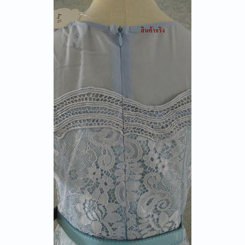 kudapy เดรสสั้นสีฟ้า ผ้าลูกไม้แนวซีทรู แขนสั้นโชว์ไหล่กระโปรงทรงเอพร้อมเข็มขัด