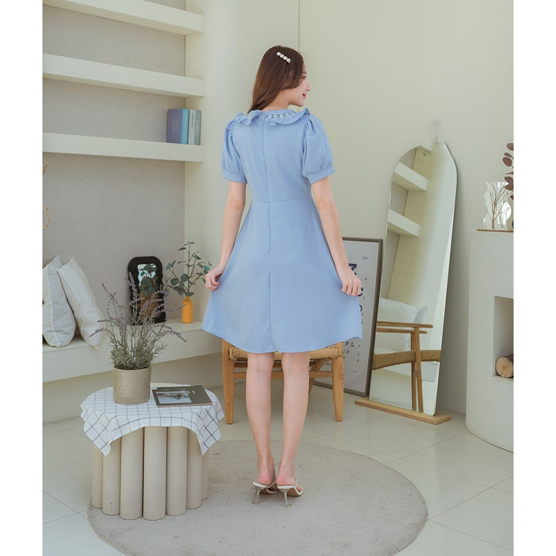 kudapy เดรสสั้นสีฟ้า/สีส้ม/สีกรม ปกคอปักทรงบาน