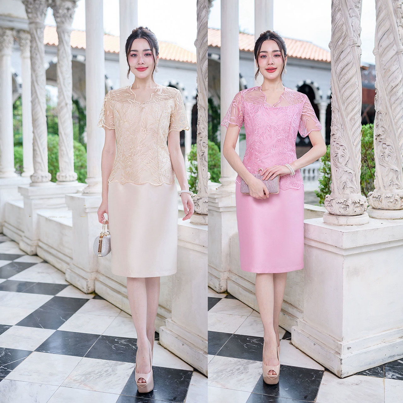 kudapy เดรสสั้นสีครีม/สีชมพู ผ้าไหมโทนสีสวยละมุน รุ่นนี้เป็นงานช่วงบนแต่งด้วยลูกไม้ตะข่ายปักลายสวยงาม ช่วงคอเป็นคอวี