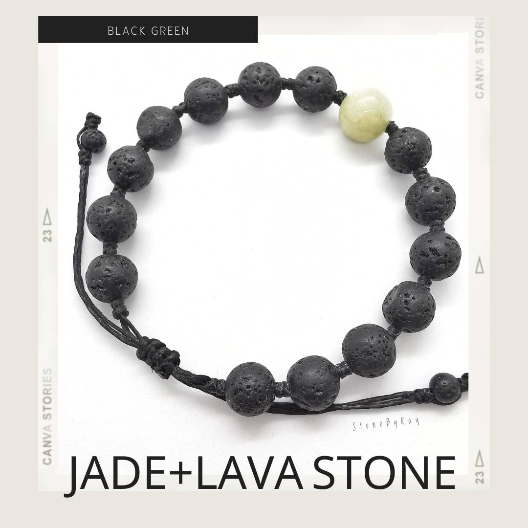 สร้อยข้อมือเชือกถักหินลาวากับหินหยก Lava stone+Jade