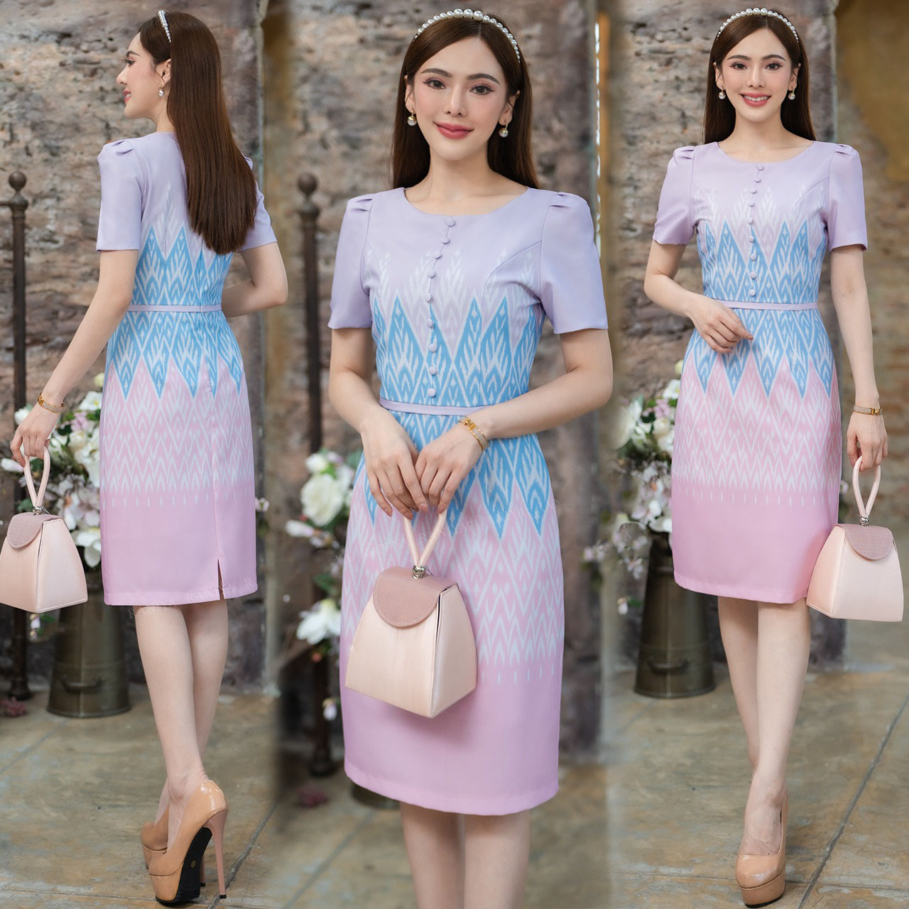 kudapy เดรสสั้นลายไทย แต่งกระดุมหน้า ใส่ออกงายสวยดูดี งานซิปซ่อนหลัง