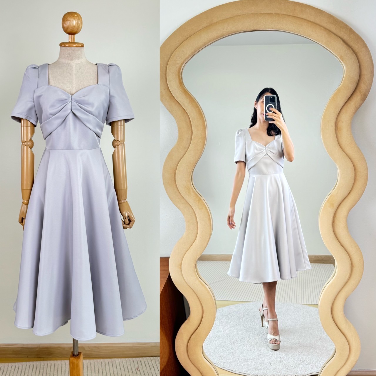 kudapy เดรสแขนสั้น คอเหลี่ยมวี คัตติ้งเริศแบบอลัง เข้ารูป เก็บทรง กระโปรงบานพริ้ว ใช้ผ้าเยอะ เจาะกระเป๋าลึก