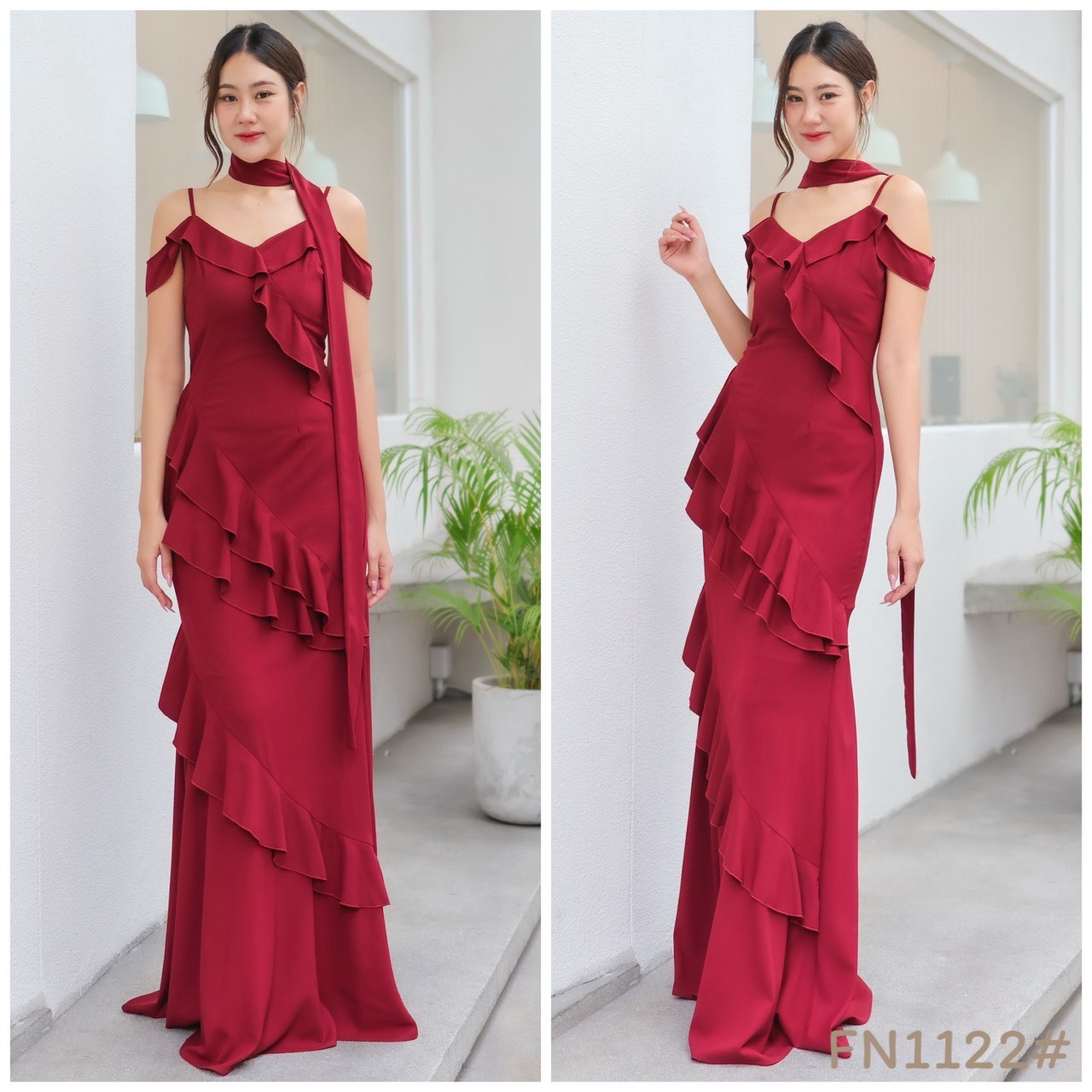 kudapy แม๊กซี่เดรสออกงาน สายเดี่ยวเปิดบ่า ระบายทั้งตัว เนื้อผ้าชีฟองหนา สวยพริ้ว