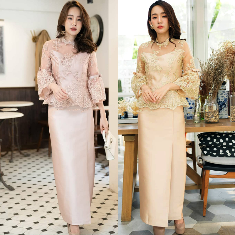 kudapy ชุดไทยประยุกต์สีทอง ผ้าลูกไม้ฝรั่งเศสปักดิ้นทอง เล่นไฟดีมากคะ ดีเทลสวยตามแบบเลยค่ะ