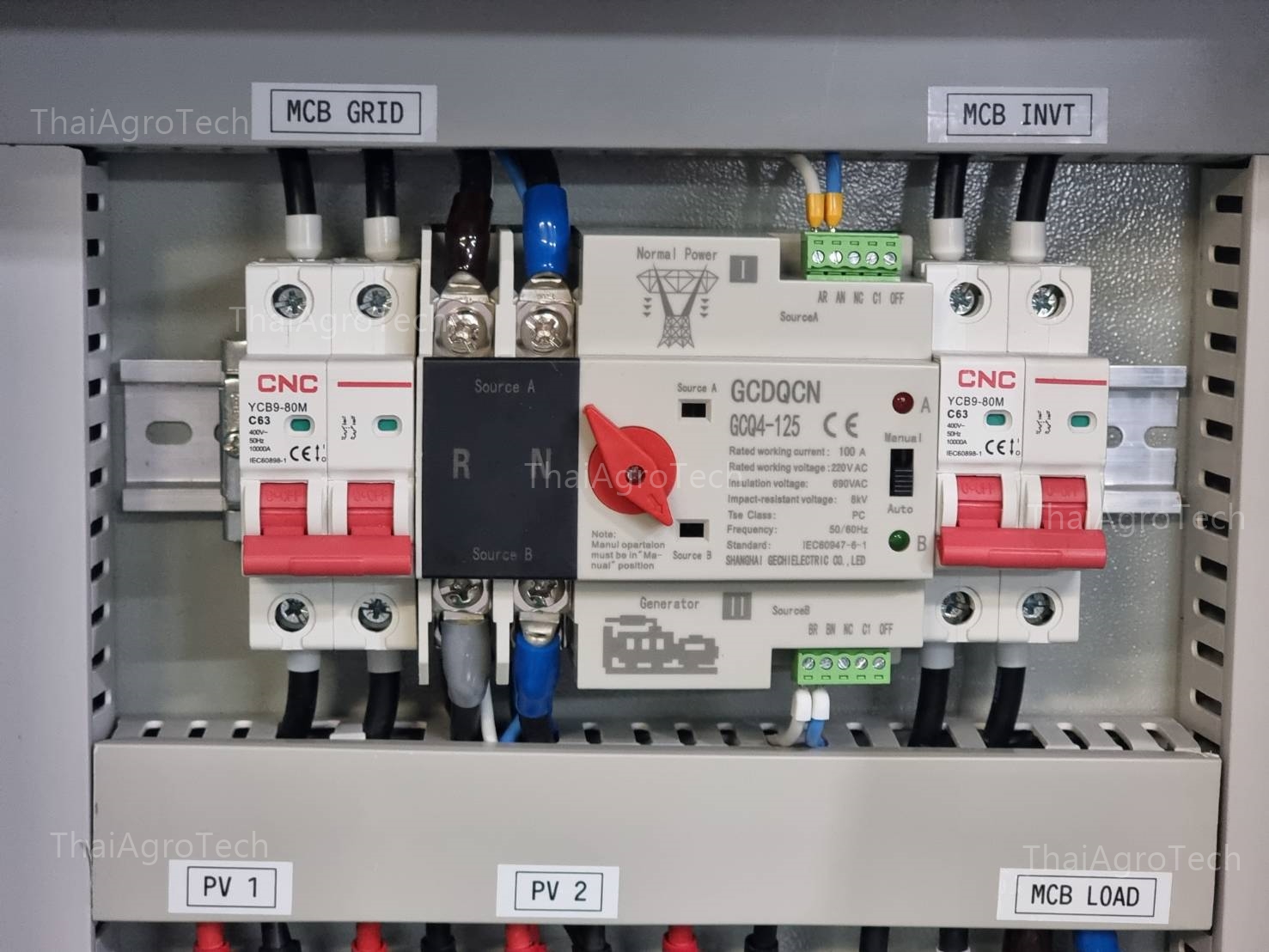 ตู้คอมบายเนอร์แบบไฮบริดออนออฟกริด 2 สตริง Hybrid On/Off-grid AC Combiner Box 2 string พร้อม สวิตซ์สลับแหล่งจ่ายไฟ อัตโนมัติ(สลับเร็ว) ระบบไฟฟ้าสำรอง ATS Automatic Dual Power Transfer Switch 2P 63A-100A