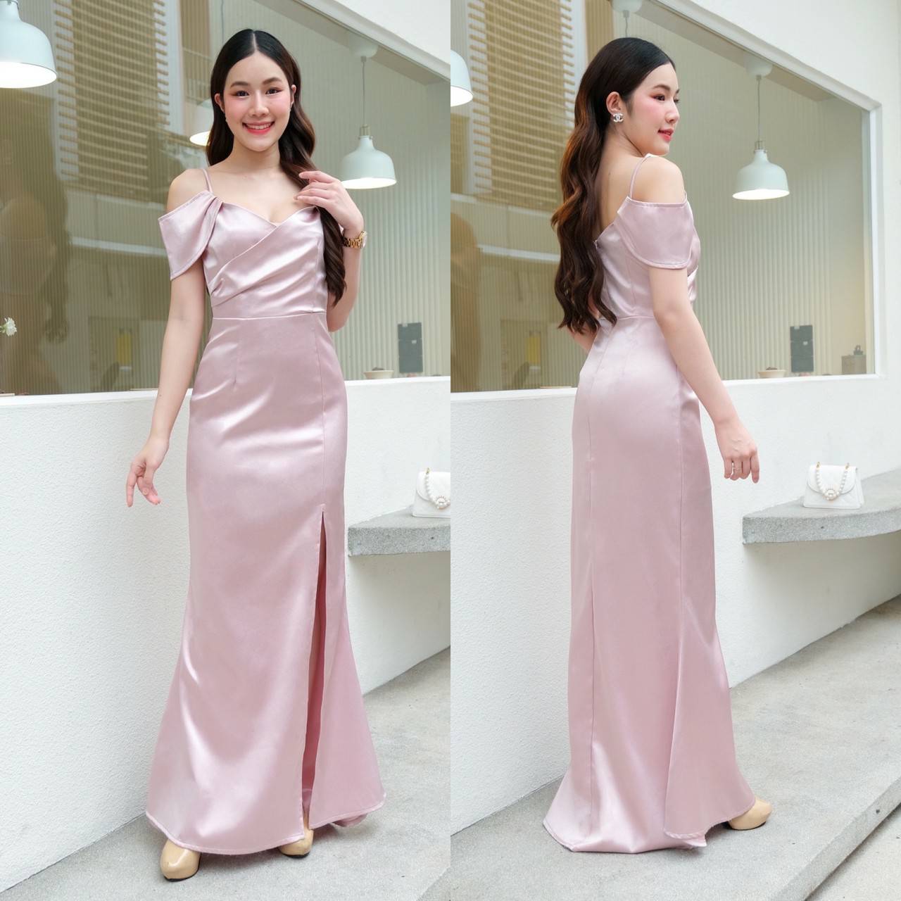 kudapy เดรสยาวสายเดี่ยวเปิดไหล่ ปิดแขน ผ่าข้าง สีชมพูโรสโกลด์,สีแดง,ชมพูกลีบบัว,น้ำตาลคอปเปอร์ Maxiผ้าดัชเชสอัดกาว เปิดบ่า รุ่นนี้มีสายให้นะคะ ไม่ต้องกลัวไหล่หลุด