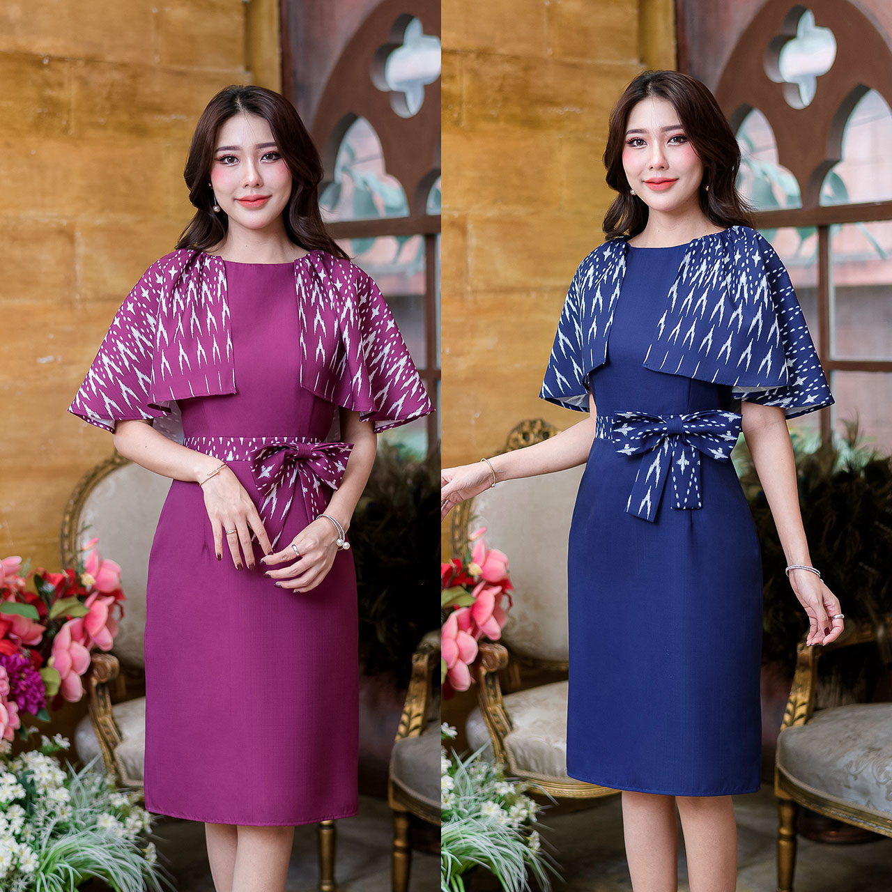 kudapy เดรสสั้นสีเปลือกมังคุด/สีกรม ผ้าพิมพ์ลายไทย งานคลุมไหล่ด้านข้างทั้งสองข้าง ช่วงเอวแต่งโบว์สวยงาม