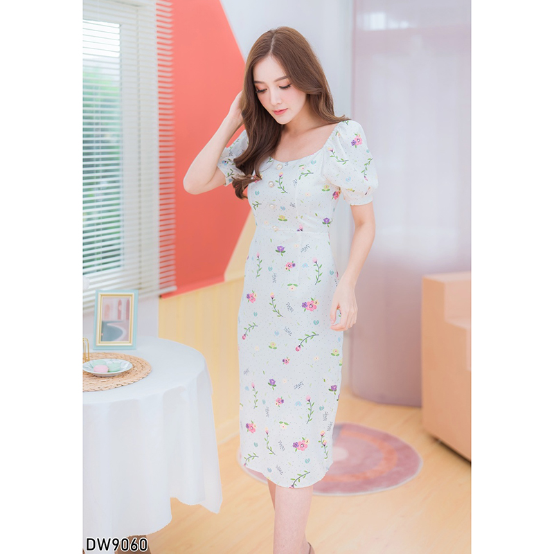 kudapy เดรสสั้นสีฟ้า/ชมพู/ขาว กระดุมคอเหลี่ยมลายดอกไม้สวยสะดุดตาเรียบร้อยดูดีมากๆ