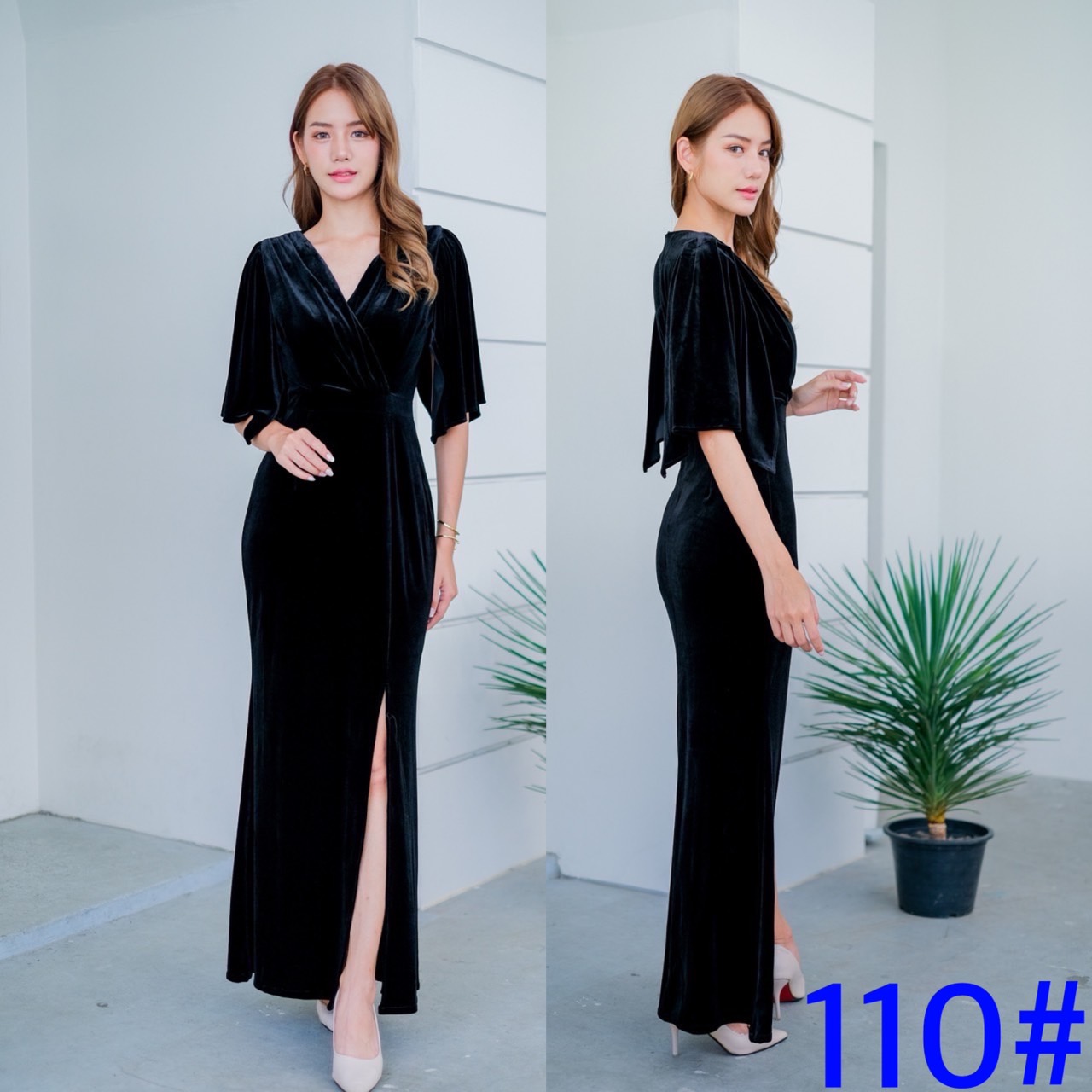 kudapy Maxi เดรสยาวสีดำ/สีแดงเบอกันดี/สีน้ำเงิน กำมะหยี่ นิ่มเนื้อหนา ดีเทลคอวี แขนระฆัง