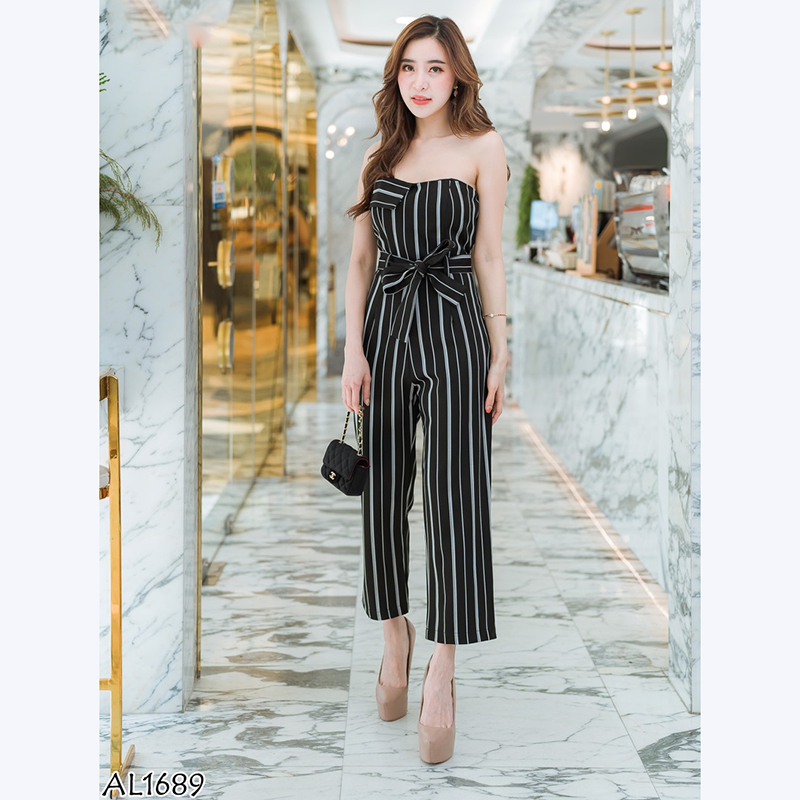 kudapy จั๊มสูทขายาวสีดำ,เขียว เกาะอกลายทางใส่สบายสวยดูดี