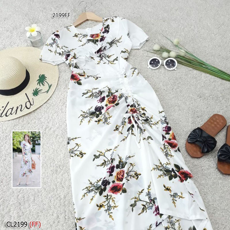 kudapy เดรสยาวสีชมพู กรม ครีม ขาว แดงผ้าวูลพีชพิมพ์ลายดอกกุหลาบ แขนบาบี้ปลายแขนจั้มยาง