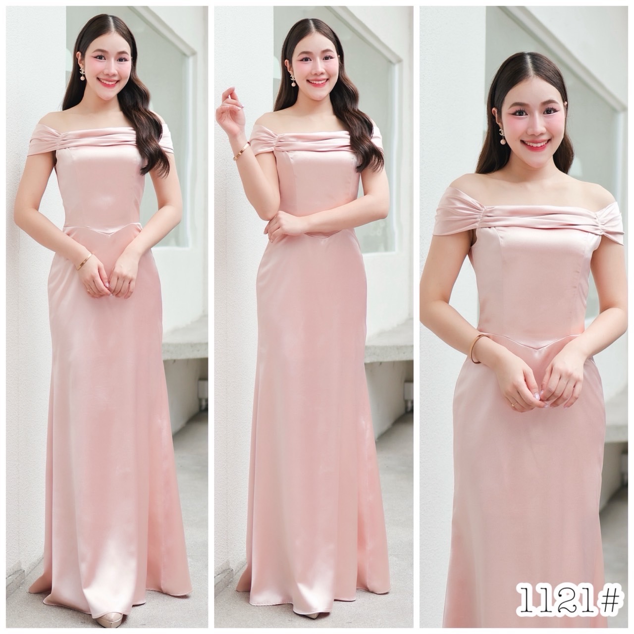 kudapy เดรสผ้าดัชเชสซาตินรุ่นใหม่ค่ะ ดีเทลเปิดบ่า เย็บจีบแขนตุ๊กตา Topทรงคอเซต เอววี