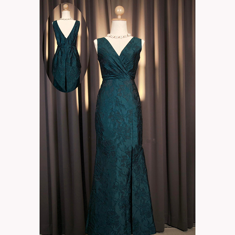 kudapy เดรสยาวสีแดงเบอร์กันดี กรมท่า เขียว ฟ้า ทอง ชมพู คอวี ผูกโบว์เอวได้ กระโปรงทรงหางปลาเข้ารูป ด้านหลังจับจีบ ทรงหูกระต่าย