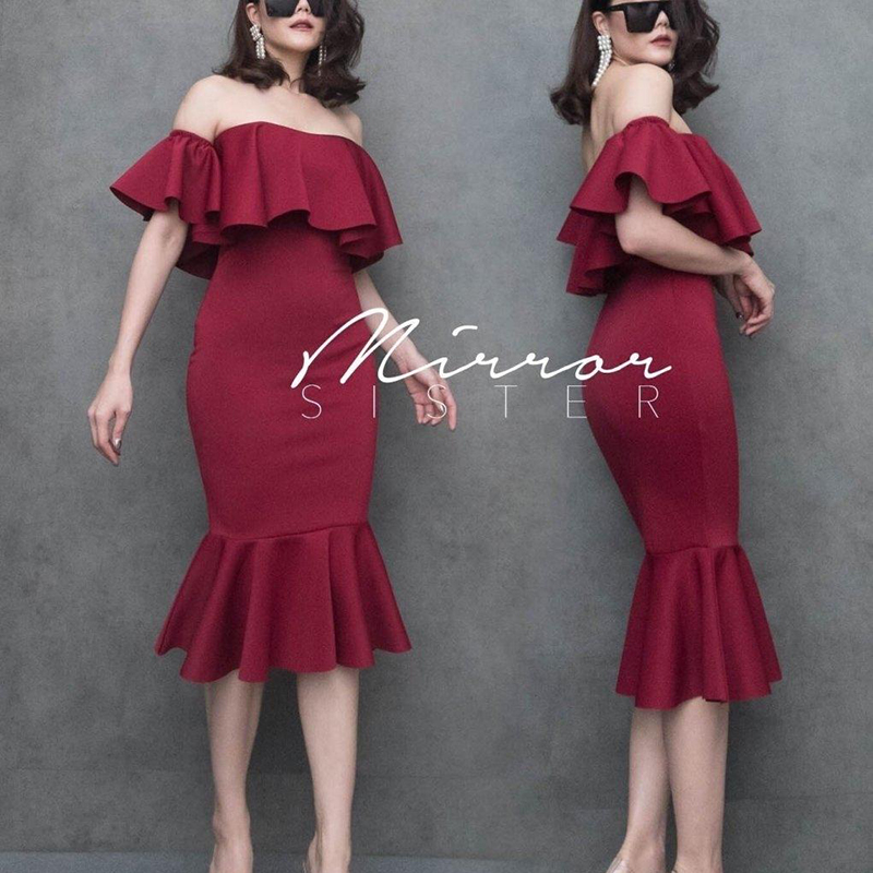 kudapy เดรสสั้นคลุมเข่า เดรสเปิดไหล่ทรงหางปลาสีชมพู/สีดำ/สีแดง/สีน้ำเงิน ใส่ออกงาน ใสเที่ยวได้หมดคร่าางานนี้ แซบมากค่ารุ่นนี้