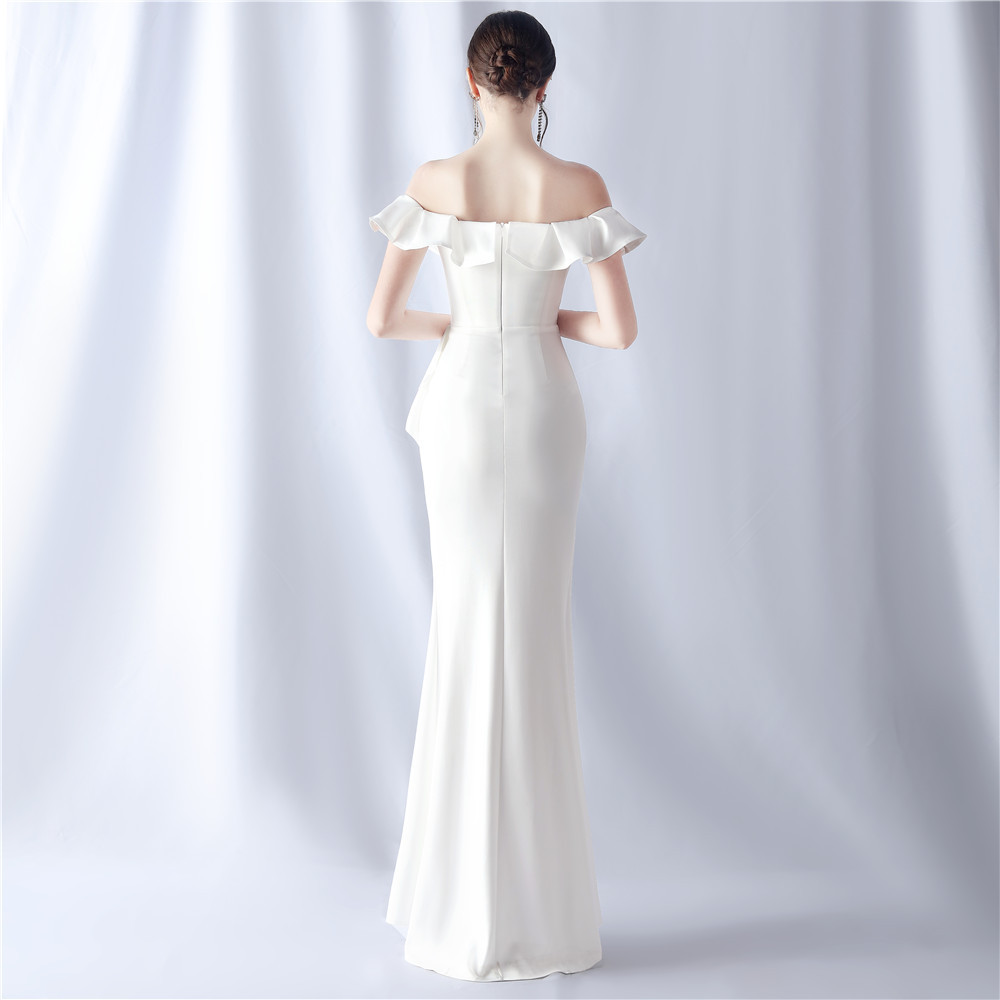 kudapy ชุดราตรียาวสีขาว/สีแดง/สีขาว ทรงเปิดไหล่ระบาย เอวระบาย กระโปรงผ่าหน้าทรงหางปลา ชุดราตรีออกงานกลางคืน